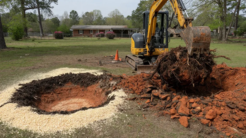 Stump grinding mulch beside excavated stump roots for full stump removal